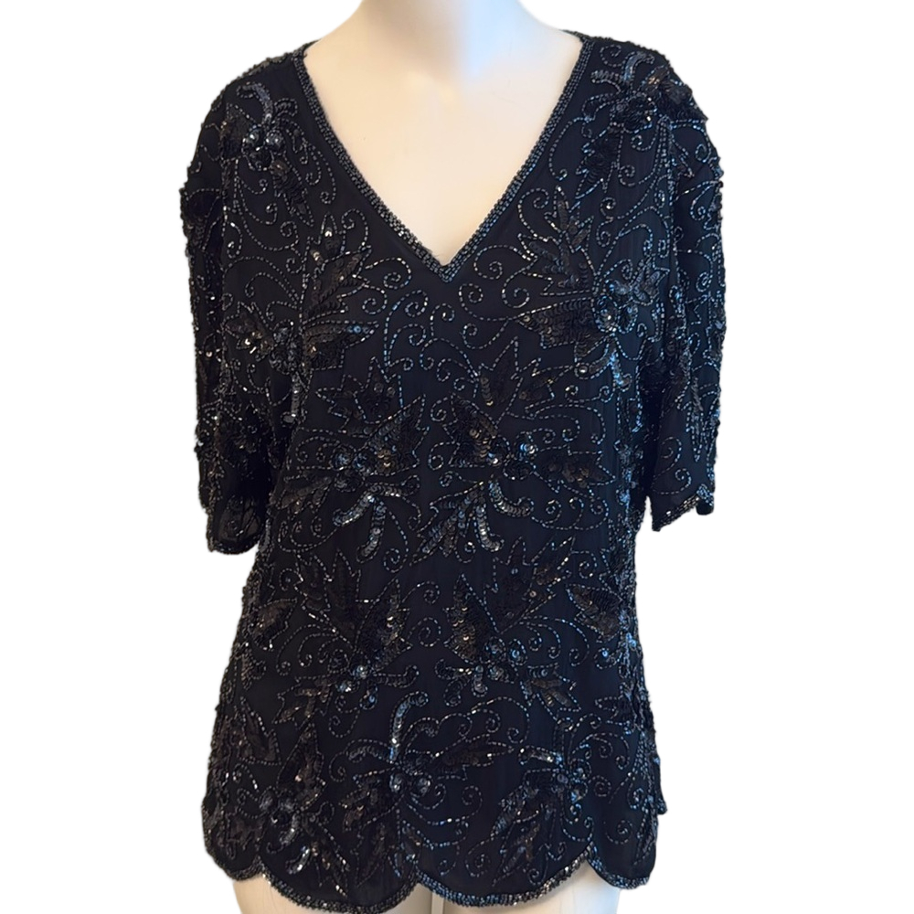 Stenay 80s Sequin Beaded Silk Blouse Black Medium